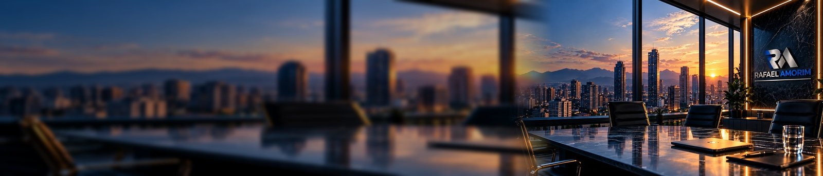 Sala de reuniones ejecutiva con vista a la ciudad al atardecer